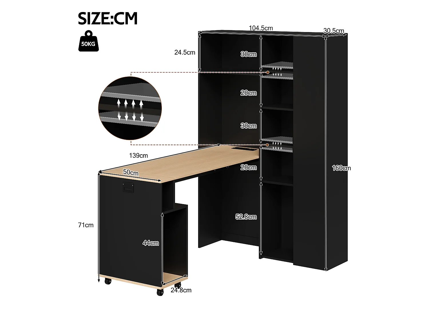 Bureau d'angle pliant 2-en-1 noir et chêne avec étagères, prise - Bois en MDF