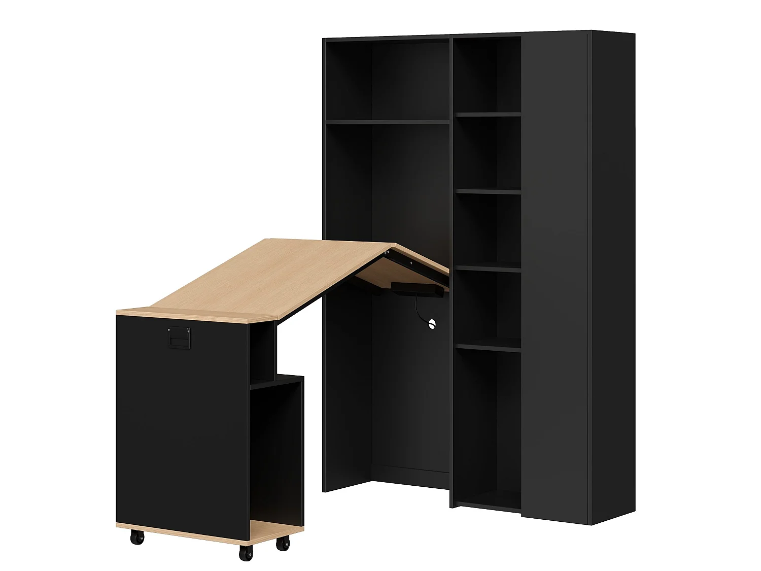 Bureau d'angle pliant 2-en-1 noir et chêne avec étagères, prise - Bois en MDF