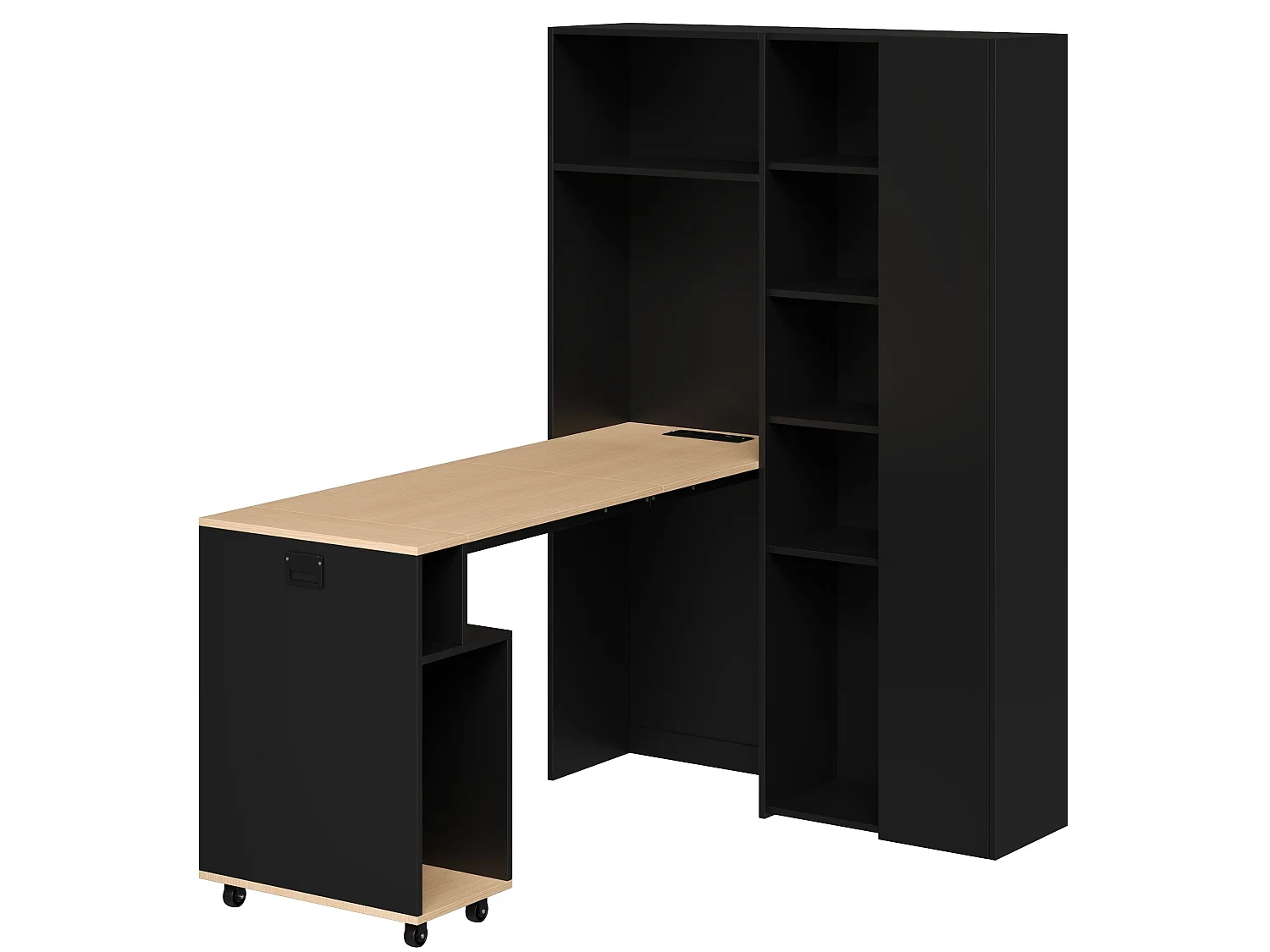 Bureau d'angle pliant 2-en-1 noir et chêne avec étagères, prise - Bois en MDF