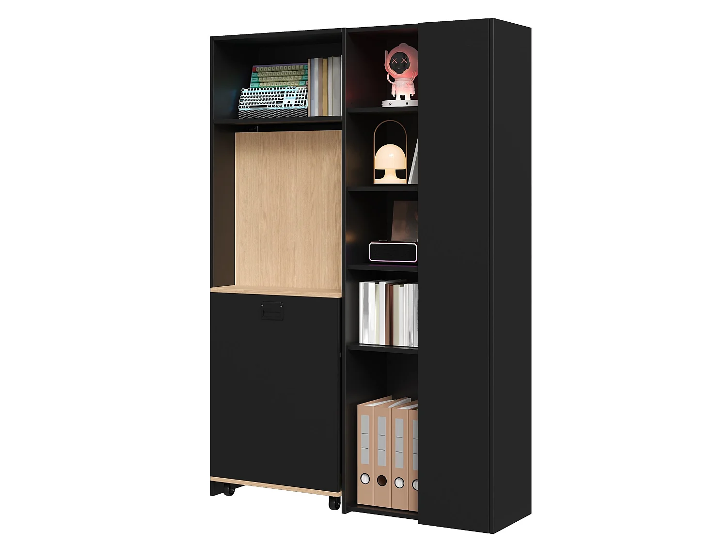 Bureau d'angle pliant 2-en-1 noir et chêne avec étagères, prise - Bois en MDF