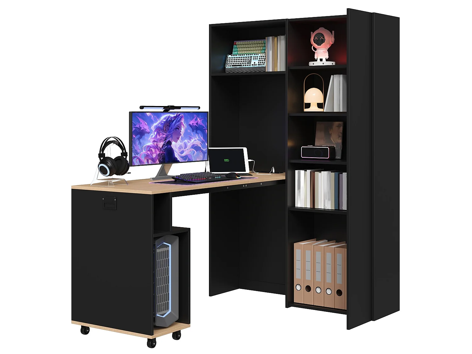 Bureau d'angle pliant 2-en-1 noir et chêne avec étagères, prise - Bois en MDF