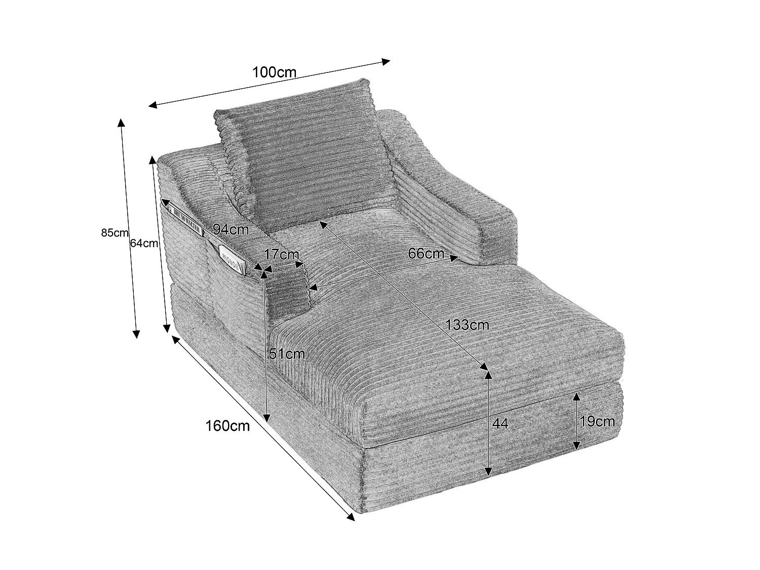 Méridienne convertible 160x100x85 cm en velours côtelé gris foncé - Sans montage