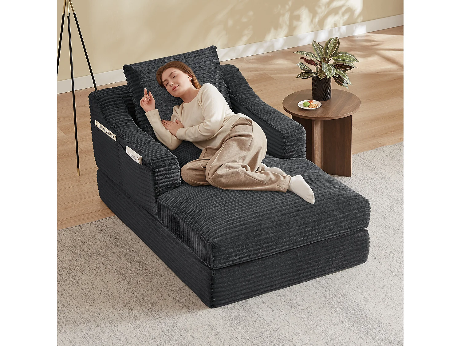 Méridienne convertible 160x100x85 cm en velours côtelé gris foncé - Sans montage