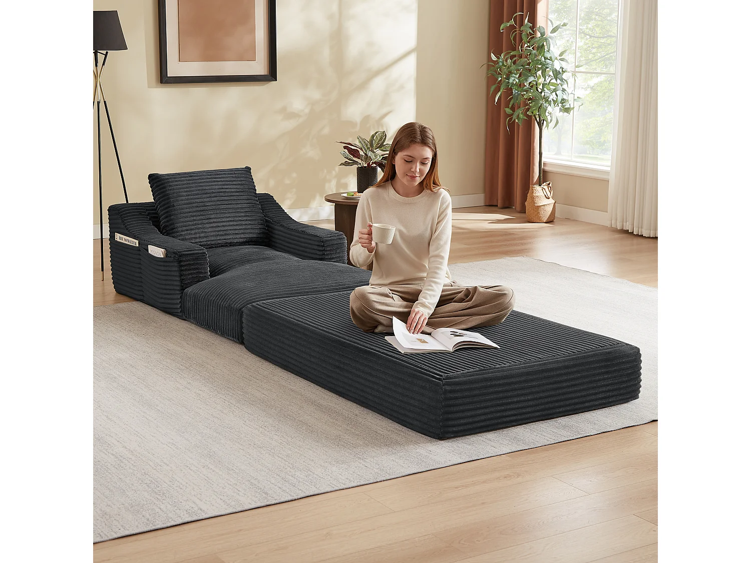 Méridienne convertible 160x100x85 cm en velours côtelé gris foncé - Sans montage