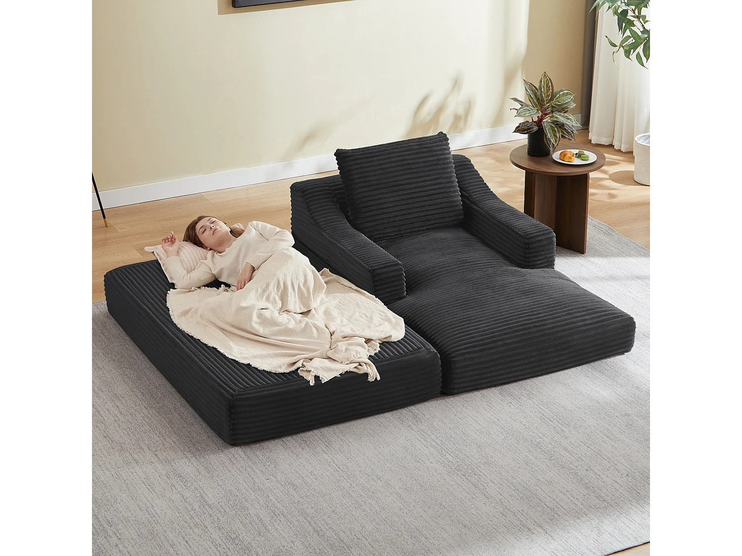 Méridienne convertible 160x100x85 cm en velours côtelé gris foncé - Sans montage