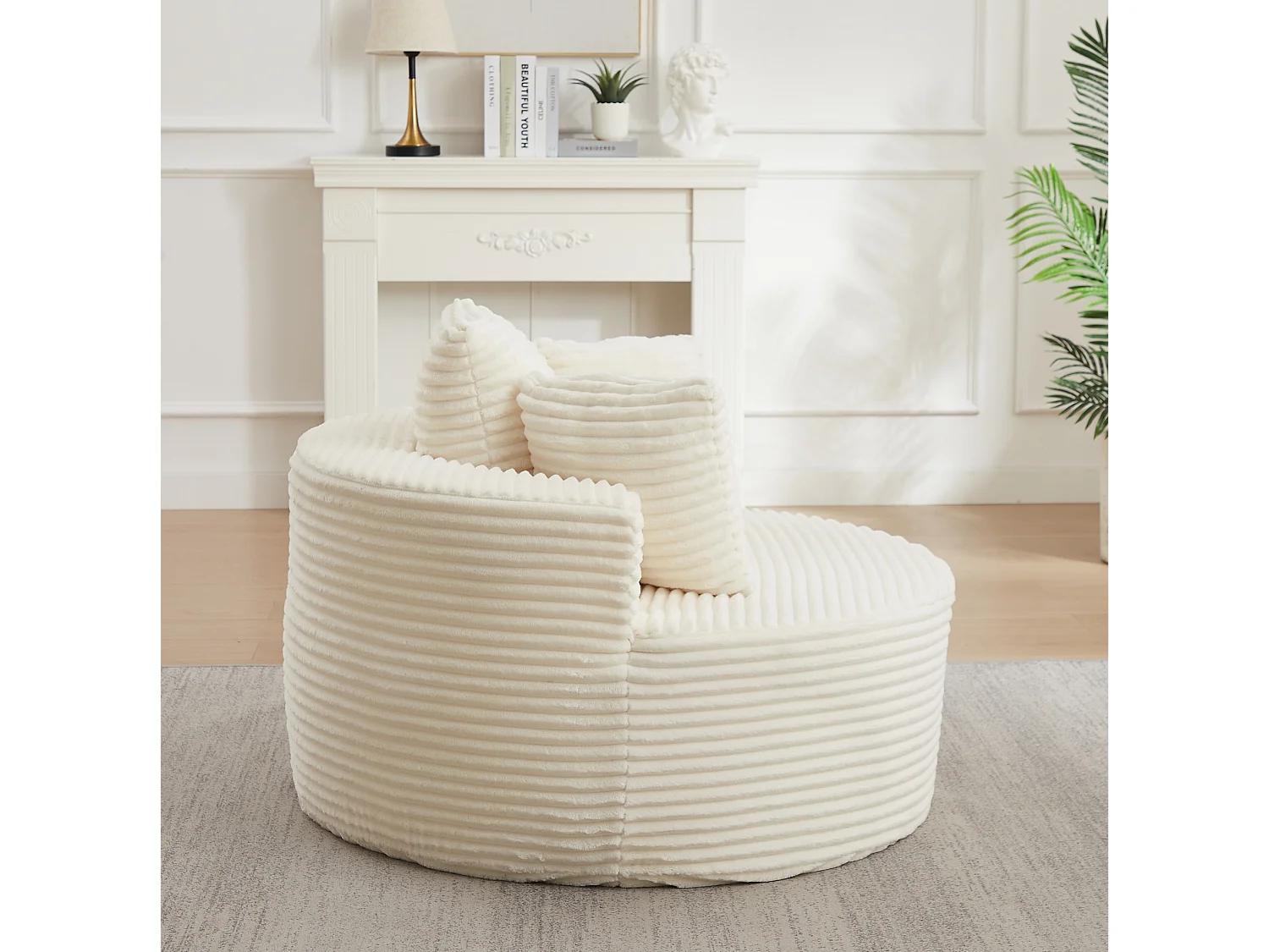 Sillón redondo de pana con 3 cojines - Diseño minimalista - Beige