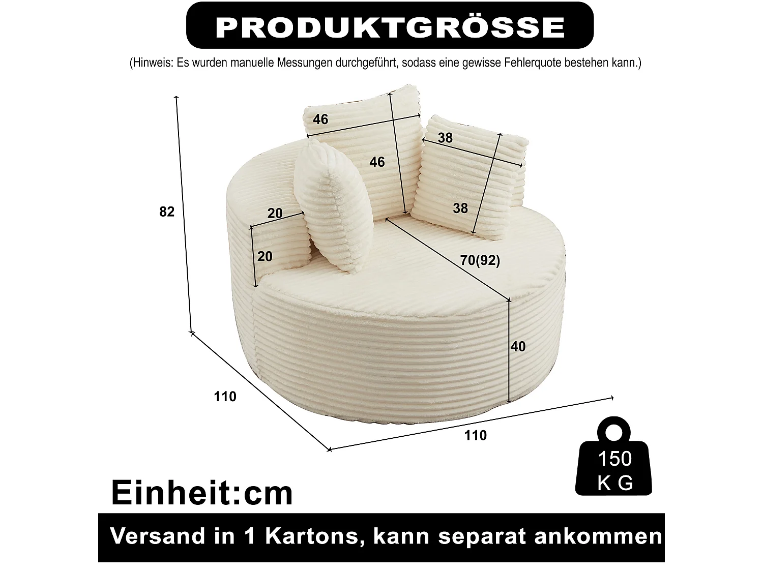 Sillón redondo de pana con 3 cojines - Diseño minimalista - Beige