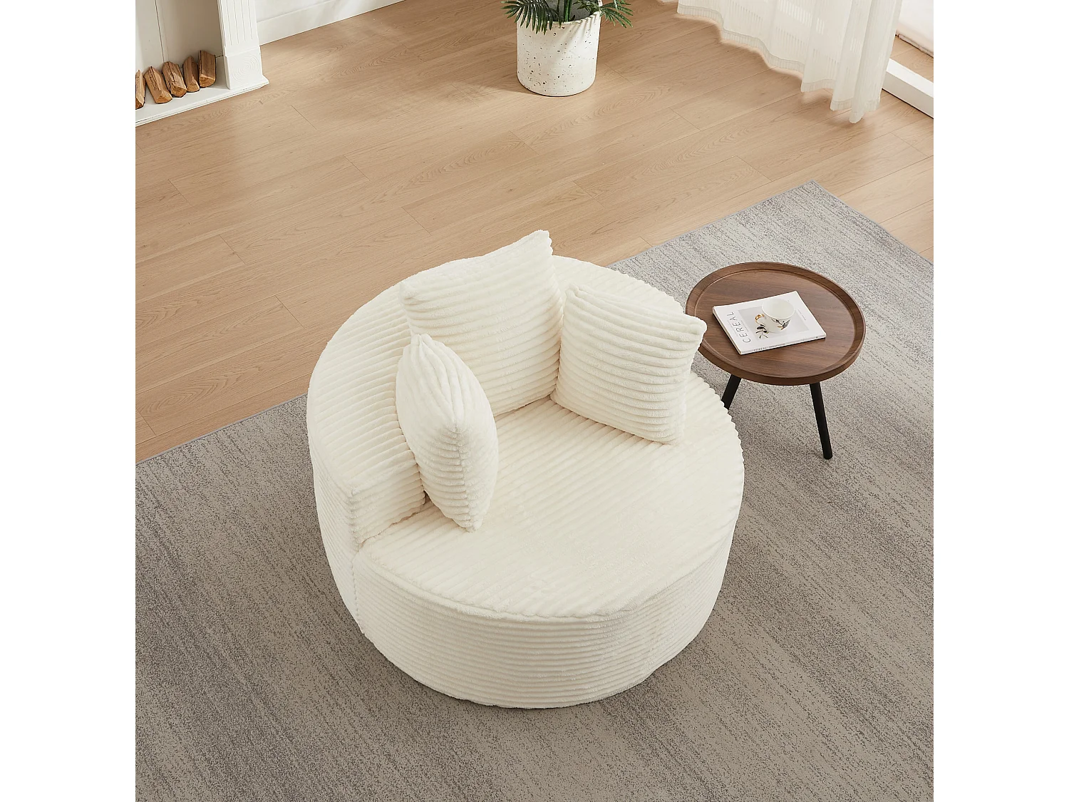 Sillón redondo de pana con 3 cojines - Diseño minimalista - Beige
