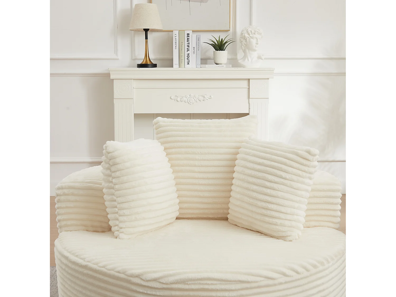 Sillón redondo de pana con 3 cojines - Diseño minimalista - Beige