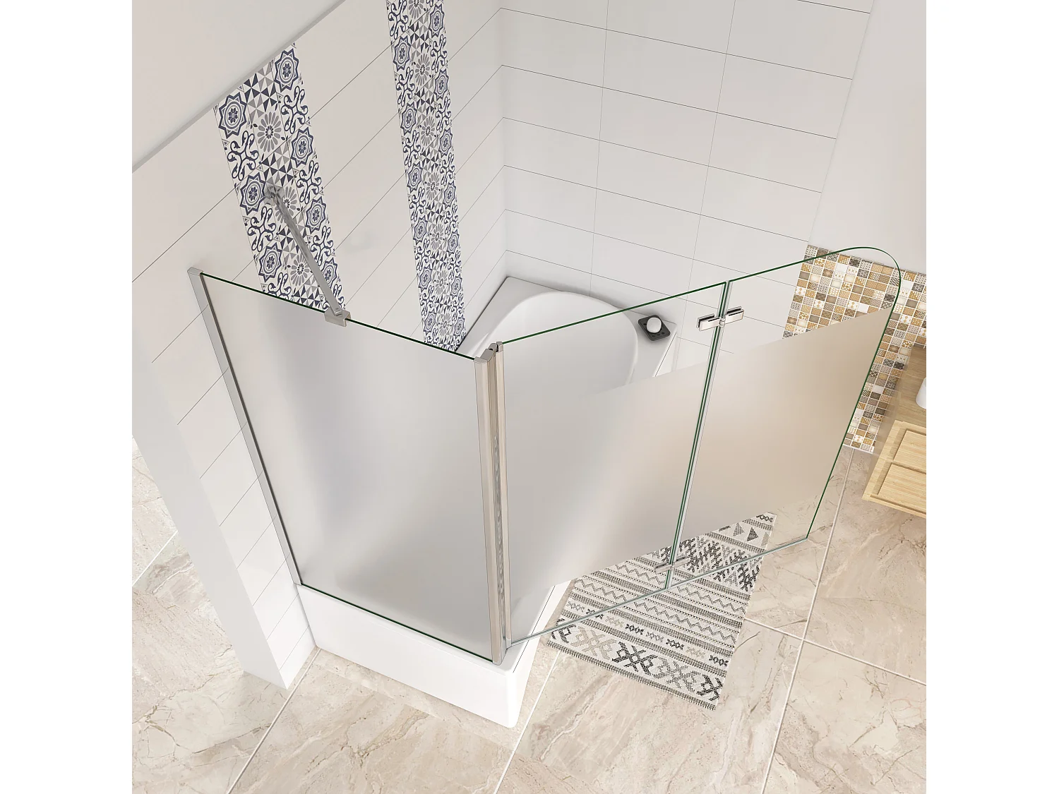 H.140 cm Sopravasca Angolare 100x65 cm 2 Ante Apribili con Lato Fisso in Vetro Anticalcare Opaco da 6mm Verso Sinistro