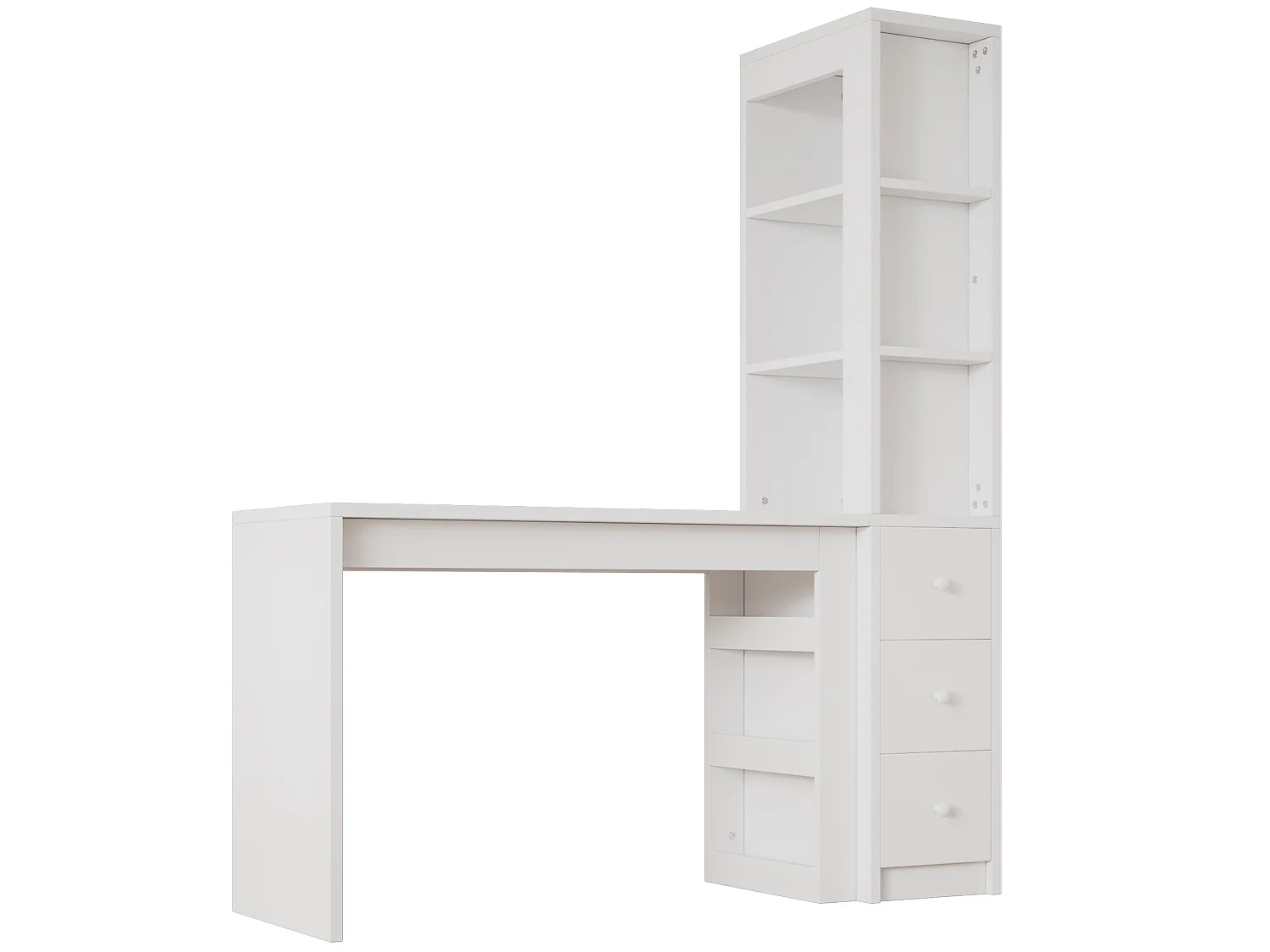 Escritorio blanco de 150x50x180 cm con 3 cajones y estantes