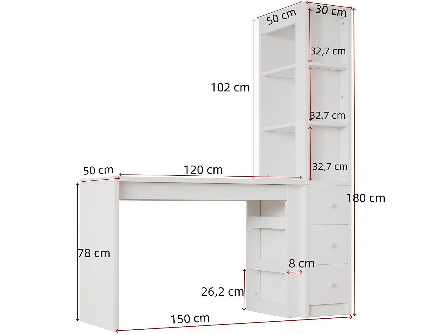 Escritorio blanco de 150x50x180 cm con 3 cajones y estantes