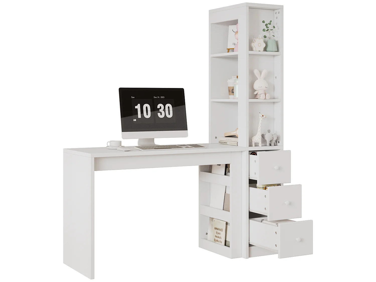 Escritorio blanco de 150x50x180 cm con 3 cajones y estantes
