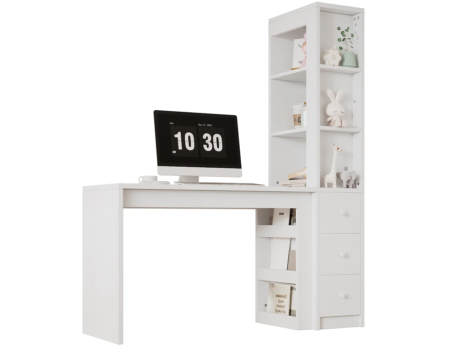 Escritorio blanco de 150x50x180 cm con 3 cajones y estantes
