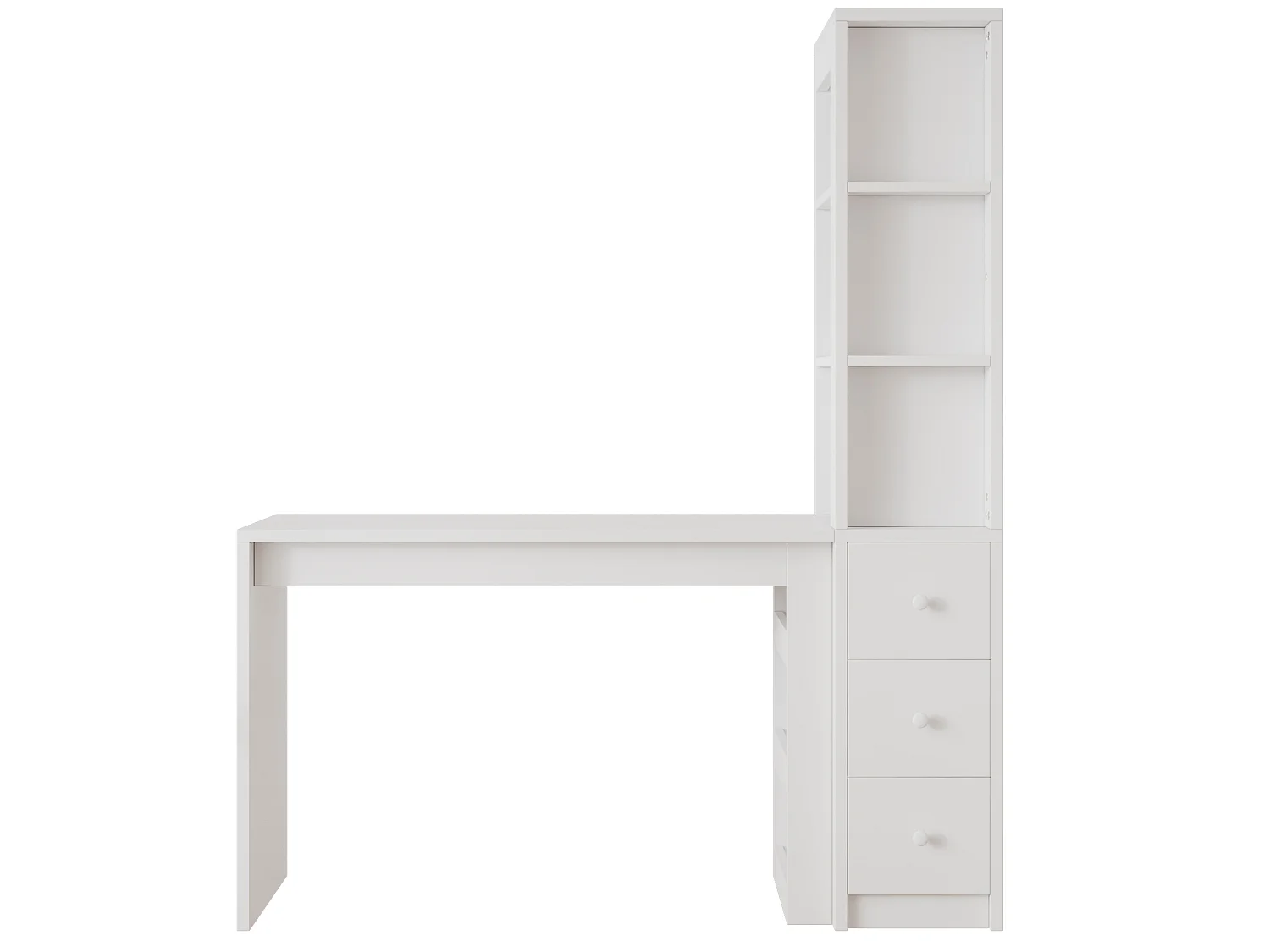 Escritorio blanco de 150x50x180 cm con 3 cajones y estantes