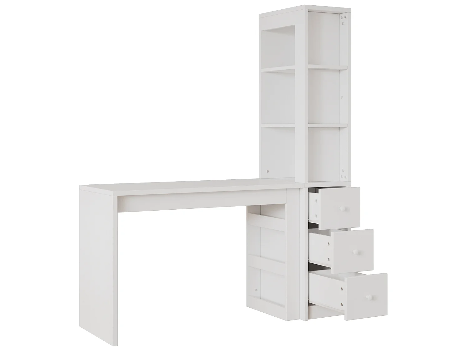 Escritorio blanco de 150x50x180 cm con 3 cajones y estantes