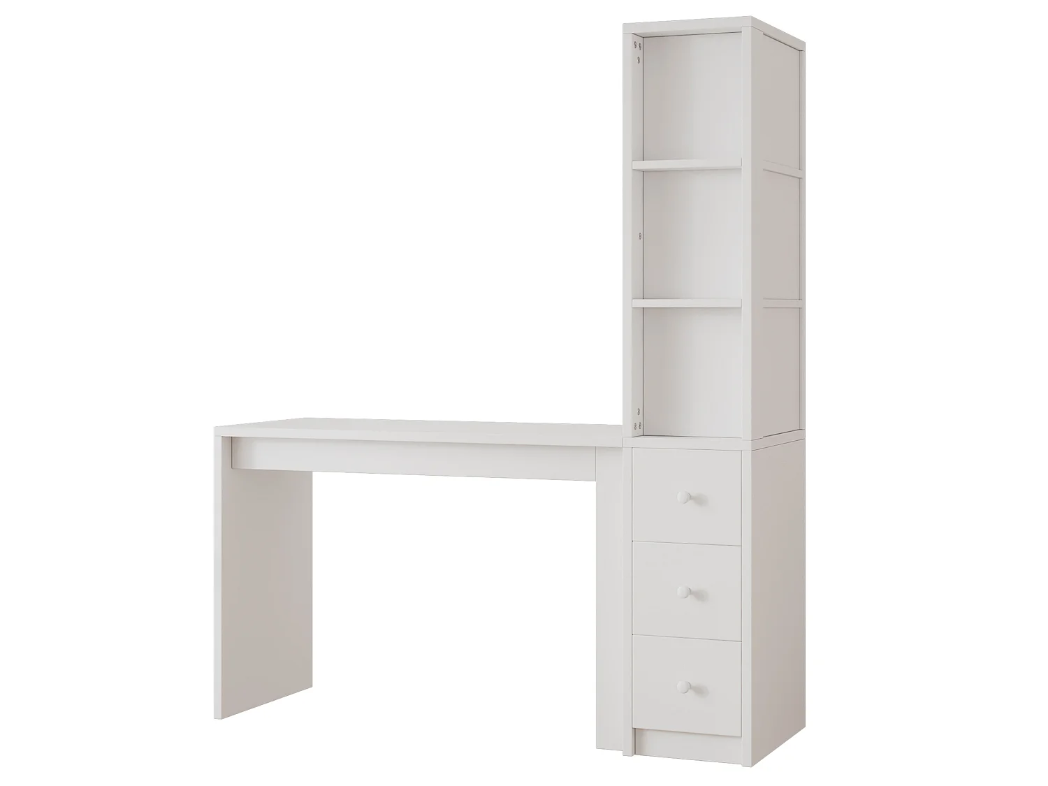 Escritorio blanco de 150x50x180 cm con 3 cajones y estantes
