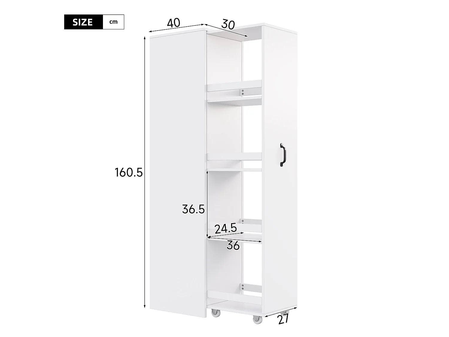 Bibliothèque étroite 40 x 30 x 160.5 cm avec roulettes et rangement – ​​Blanc