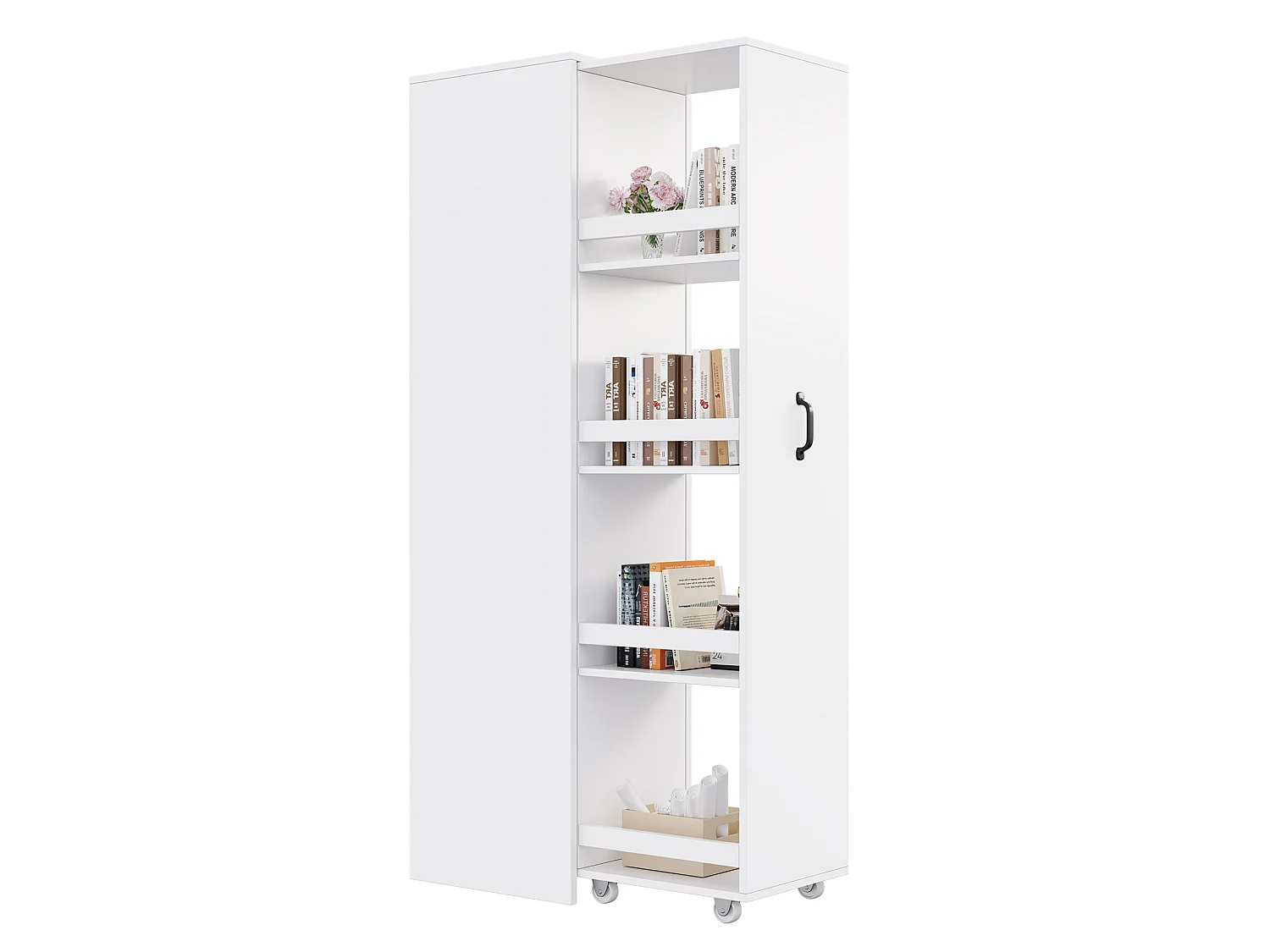Bibliothèque étroite 40 x 30 x 160.5 cm avec roulettes et rangement – ​​Blanc