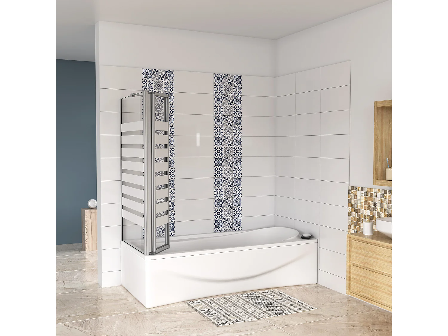 Sopravasca 130×140cm Vetro 4mm Temperato Bianco 3 Ante Pieghevoli a Libro con Lato Fisso 65×140cm Profilo Argento Opaco Verso Sinistro