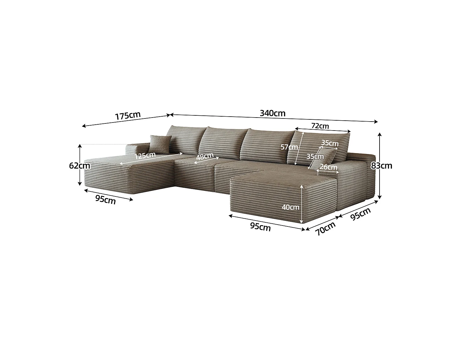Canapé compressé d'angle modulable 4 places en velours côtelé avec pouf - Camel