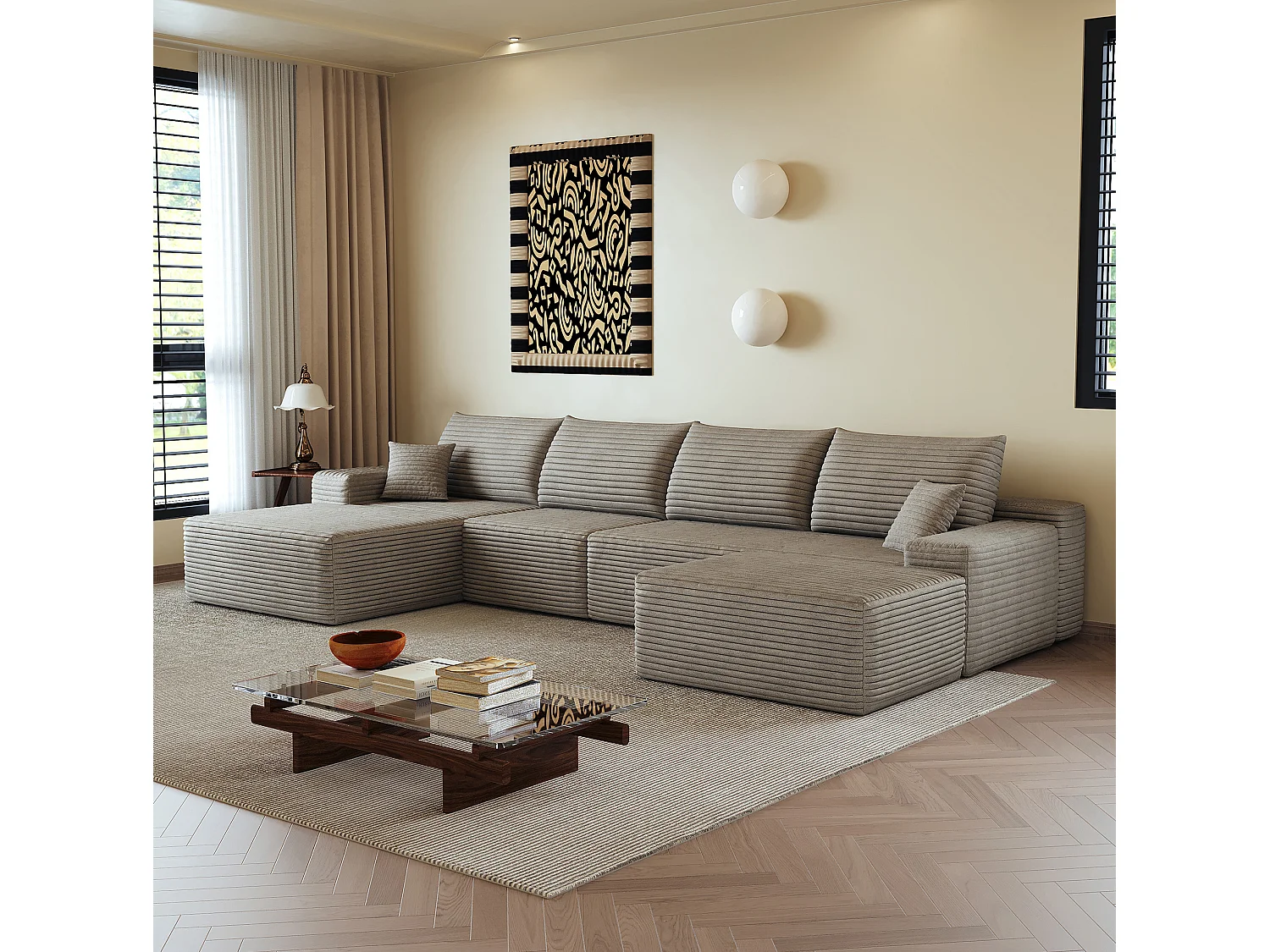 Canapé compressé d'angle modulable 4 places en velours côtelé avec pouf - Camel