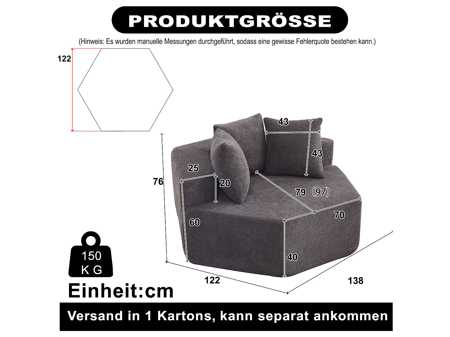 Fauteuil simple hexagonaux en chenille avec coussins - Gris