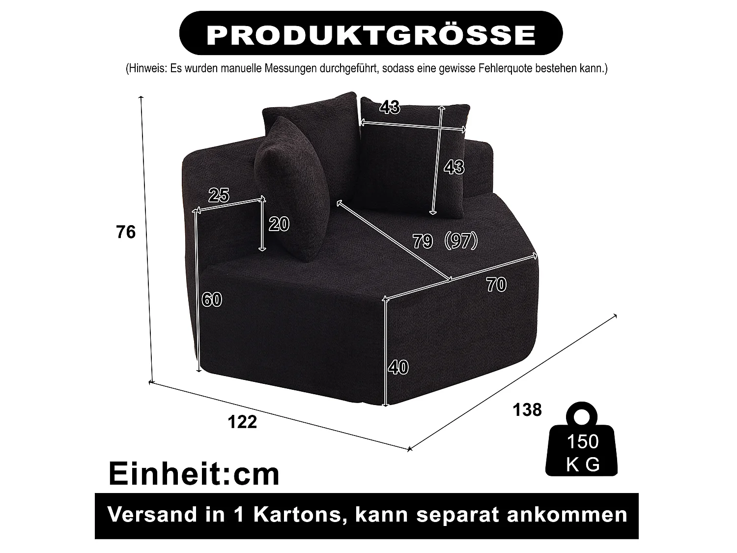 Fauteuil simple hexagonaux en chenille avec coussins - Noir