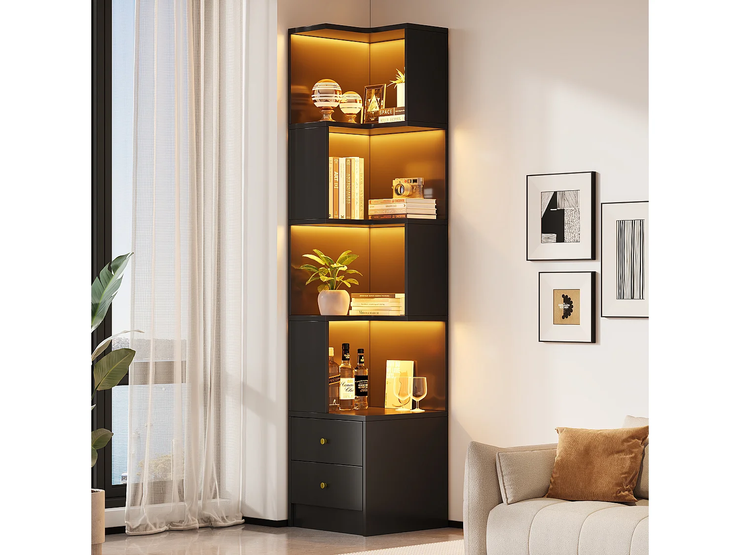 Hoekboekenkast, 45 x 43,5 x 180 cm, met ledverlichting en 2 lades - Zwart