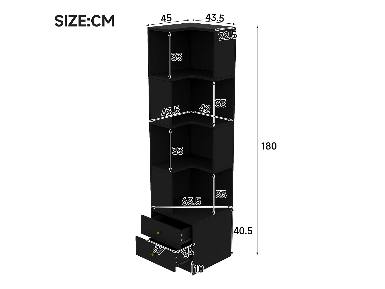 Hoekboekenkast, 45 x 43,5 x 180 cm, met ledverlichting en 2 lades - Zwart