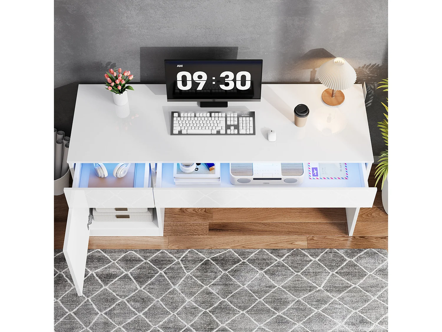 Escritorio con acabado brillante (120x50 cm), iluminación LED, 2 cajones y una puerta – Blanco