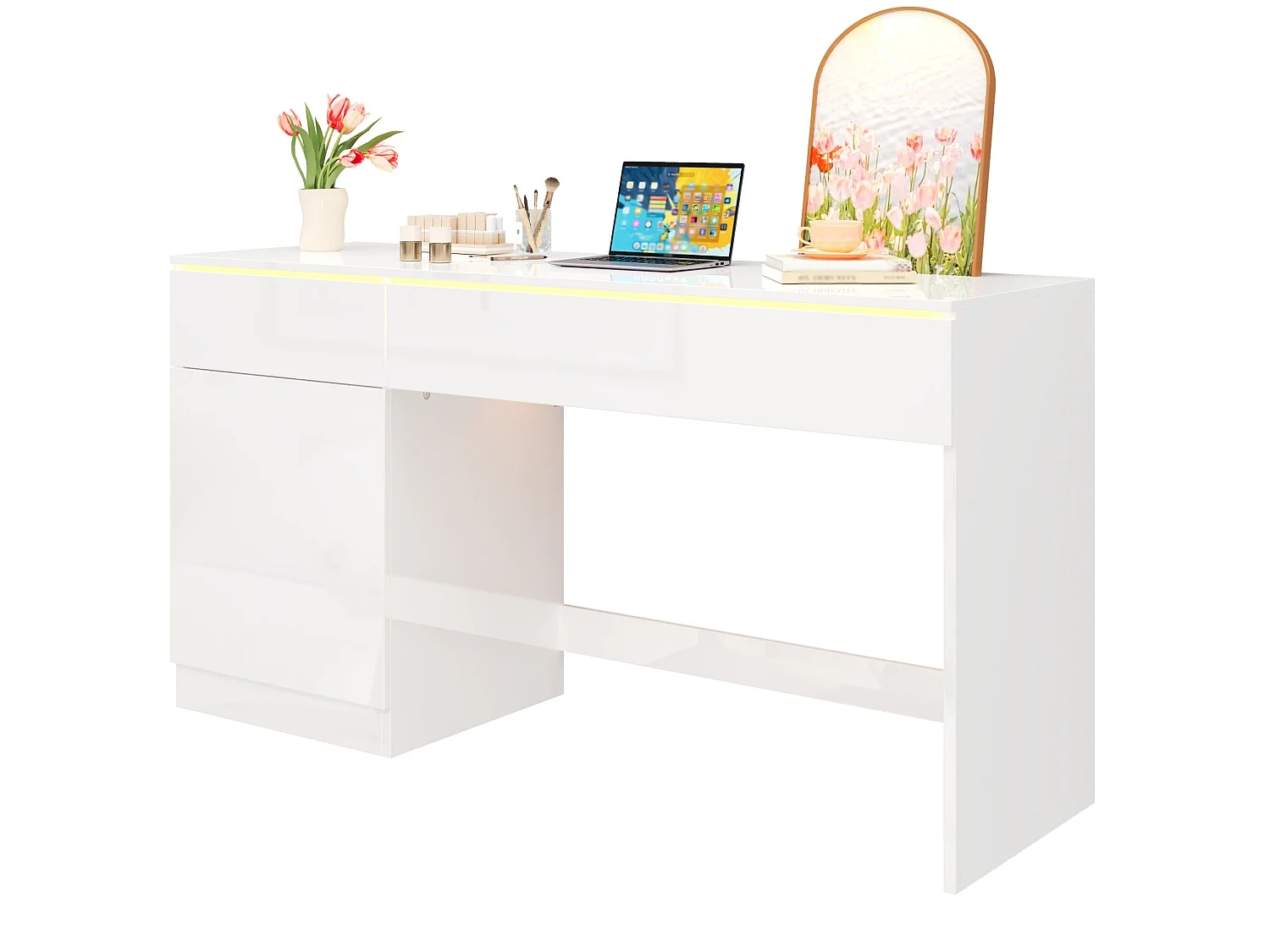 Escritorio con acabado brillante (120x50 cm), iluminación LED, 2 cajones y una puerta – Blanco