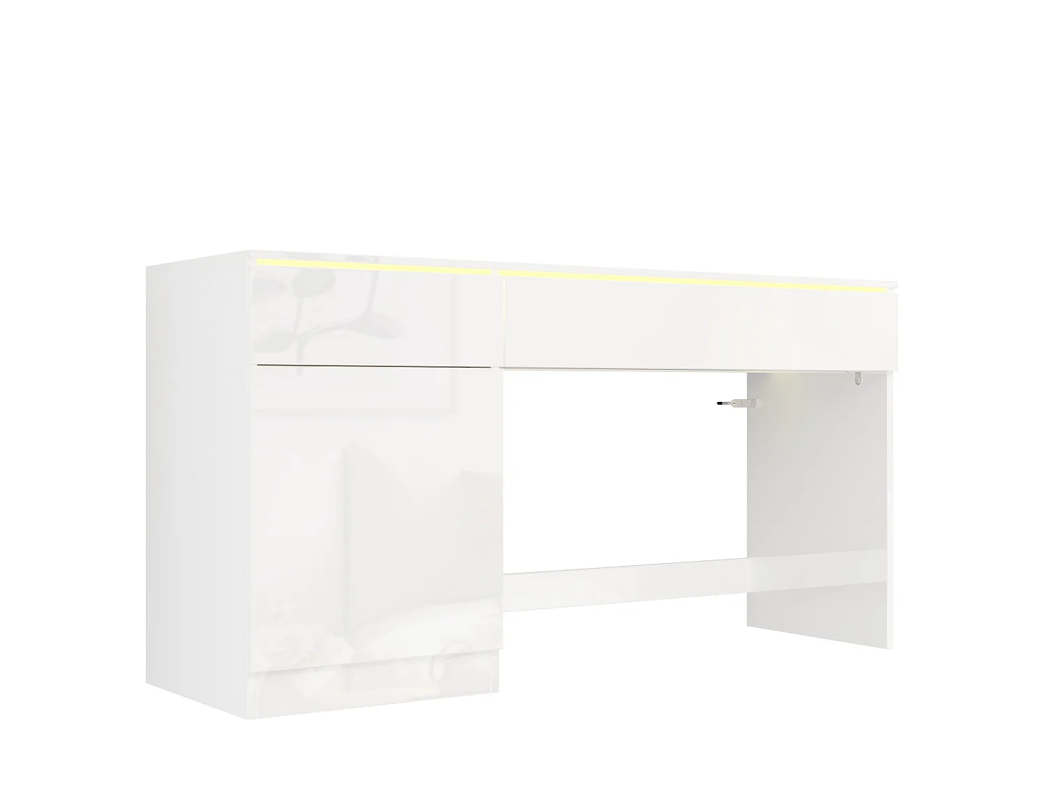 Escritorio con acabado brillante (120x50 cm), iluminación LED, 2 cajones y una puerta – Blanco