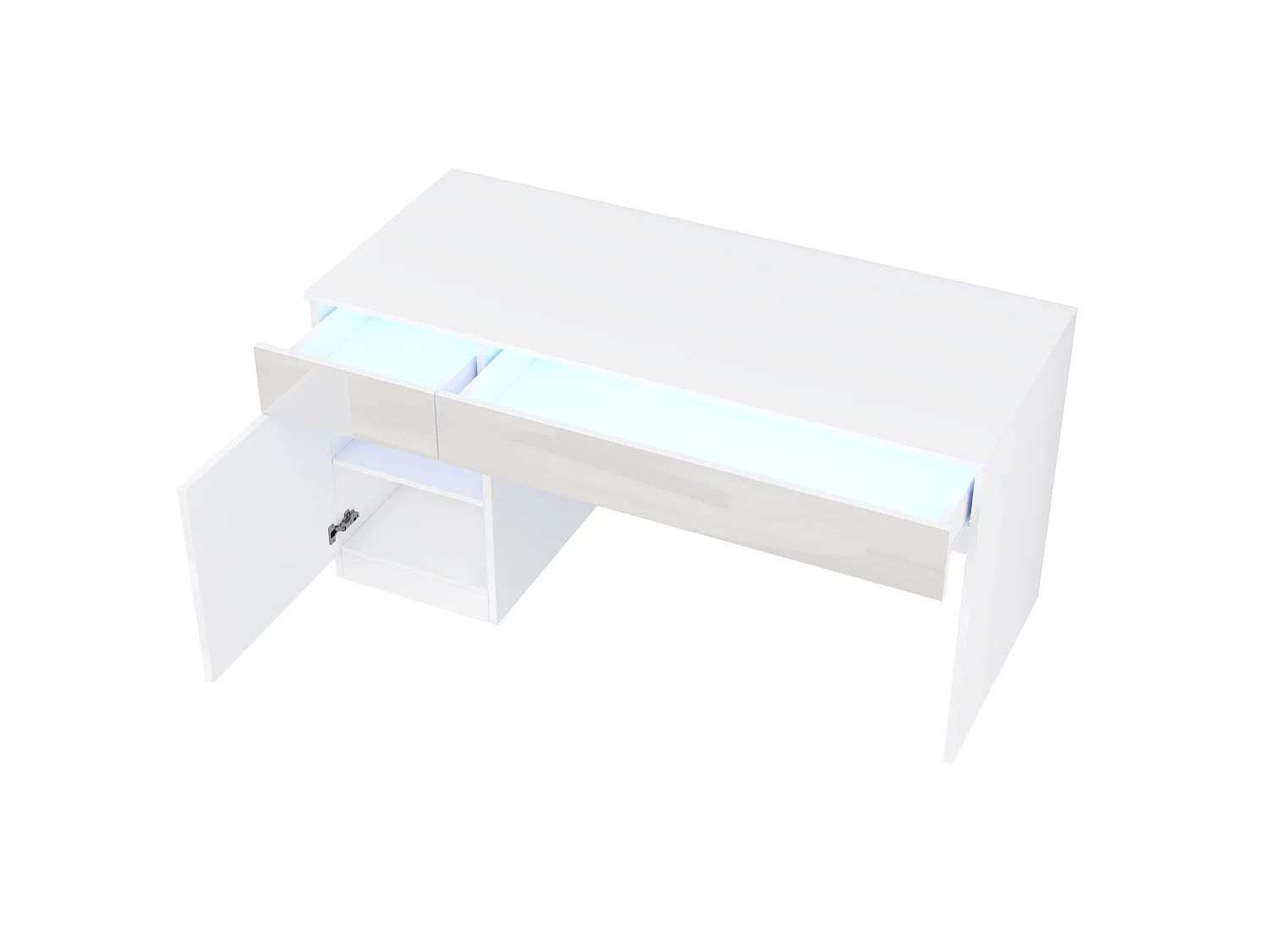 Escritorio con acabado brillante (120x50 cm), iluminación LED, 2 cajones y una puerta – Blanco