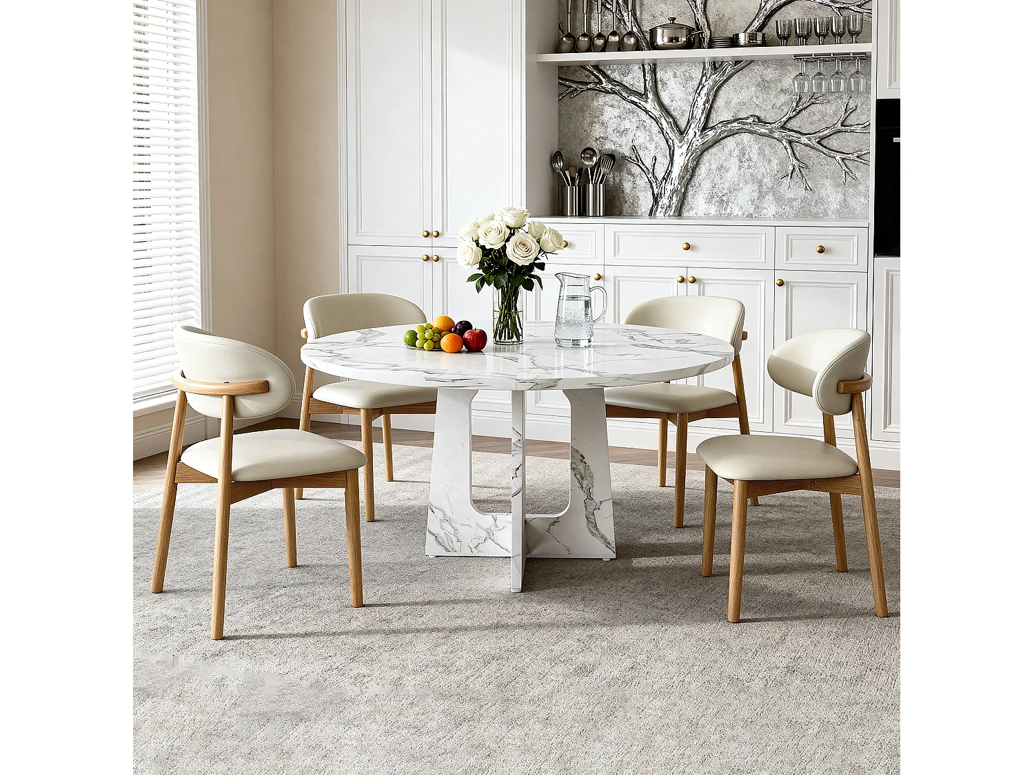 Conjunto de mesa redonda de 120 cm + 4 cadeiras - Tampo em MDF com efeito mármore - Branco e madeira