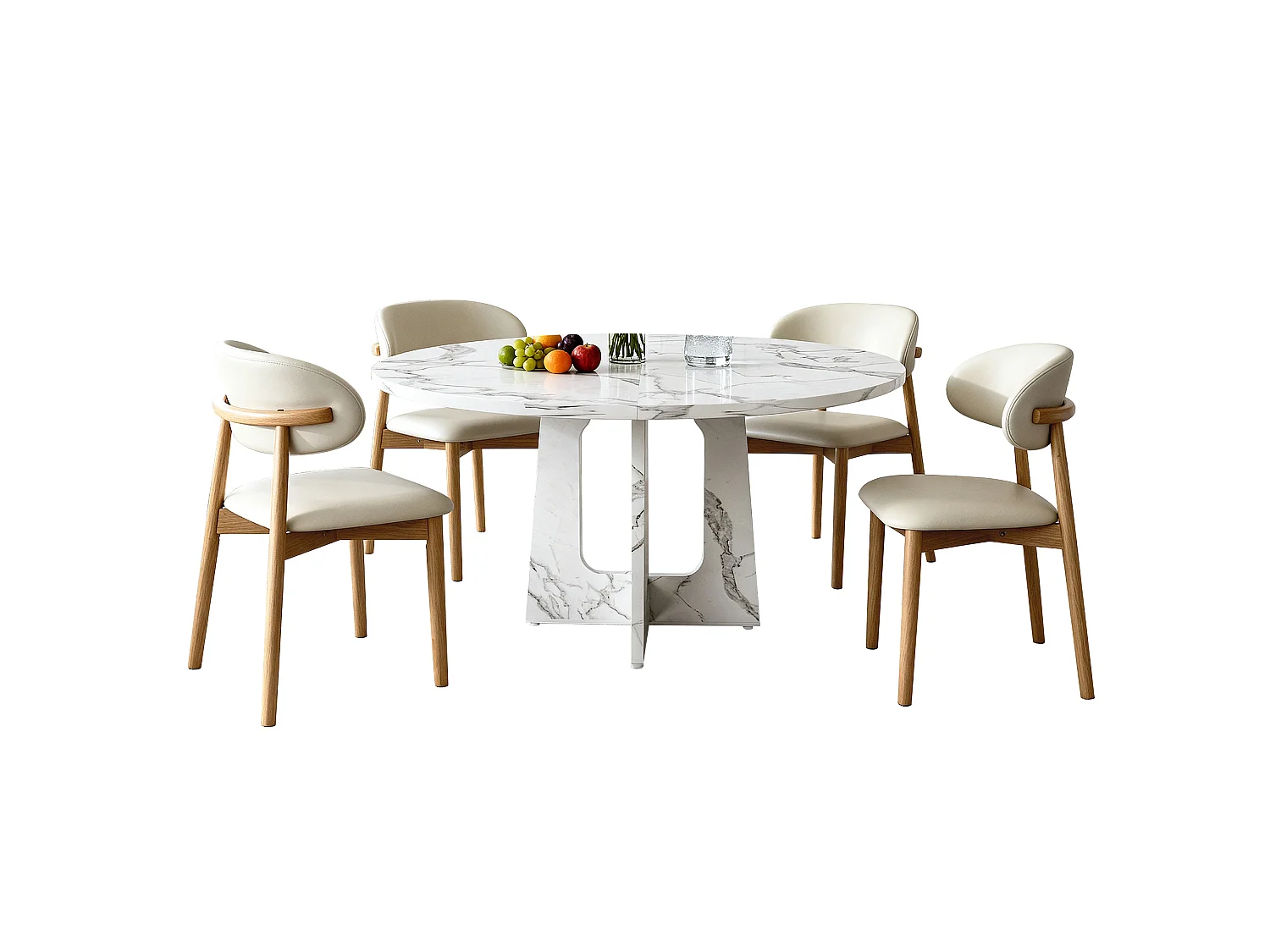 Conjunto de mesa redonda de 120 cm + 4 cadeiras - Tampo em MDF com efeito mármore - Branco e madeira