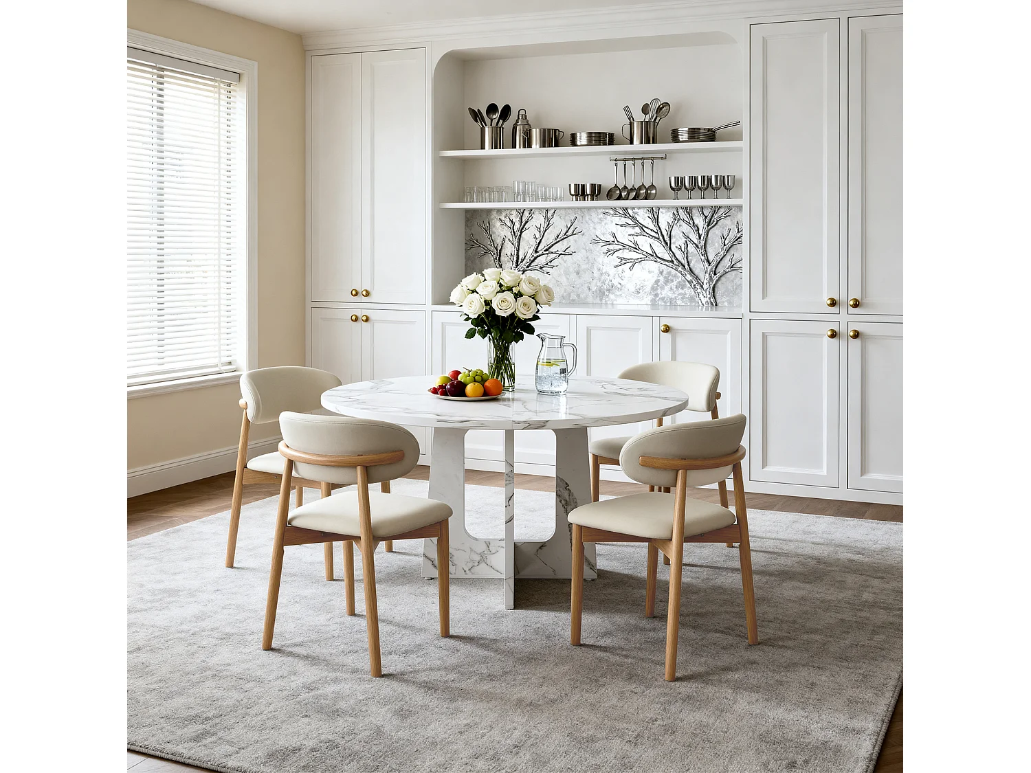 Conjunto de mesa redonda de 120 cm + 4 cadeiras - Tampo em MDF com efeito mármore - Branco e madeira