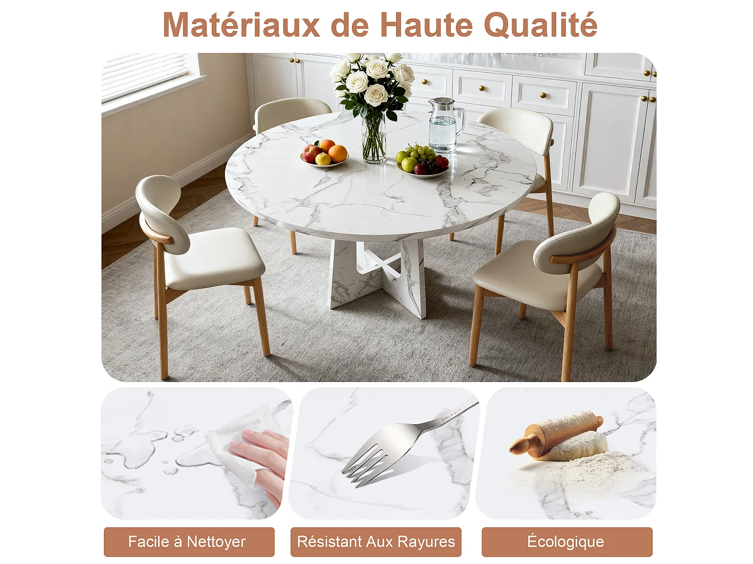 Conjunto de mesa redonda de 120 cm + 4 cadeiras - Tampo em MDF com efeito mármore - Branco e madeira
