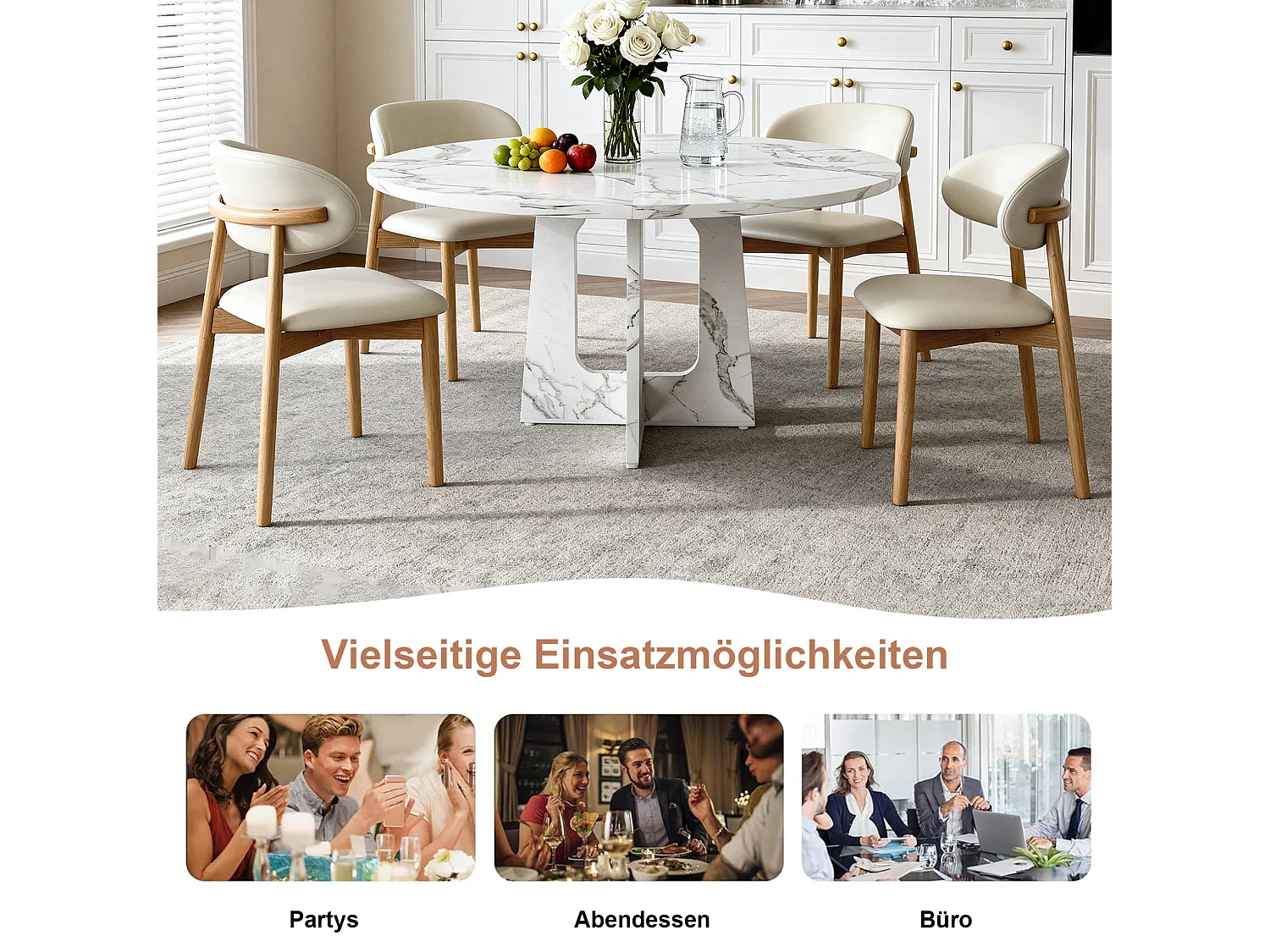 Conjunto de mesa redonda de 120 cm + 4 cadeiras - Tampo em MDF com efeito mármore - Branco e madeira
