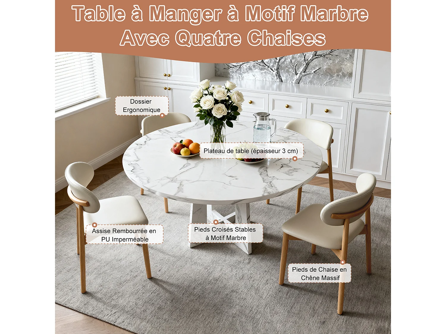 Conjunto de mesa redonda de 120 cm + 4 cadeiras - Tampo em MDF com efeito mármore - Branco e madeira