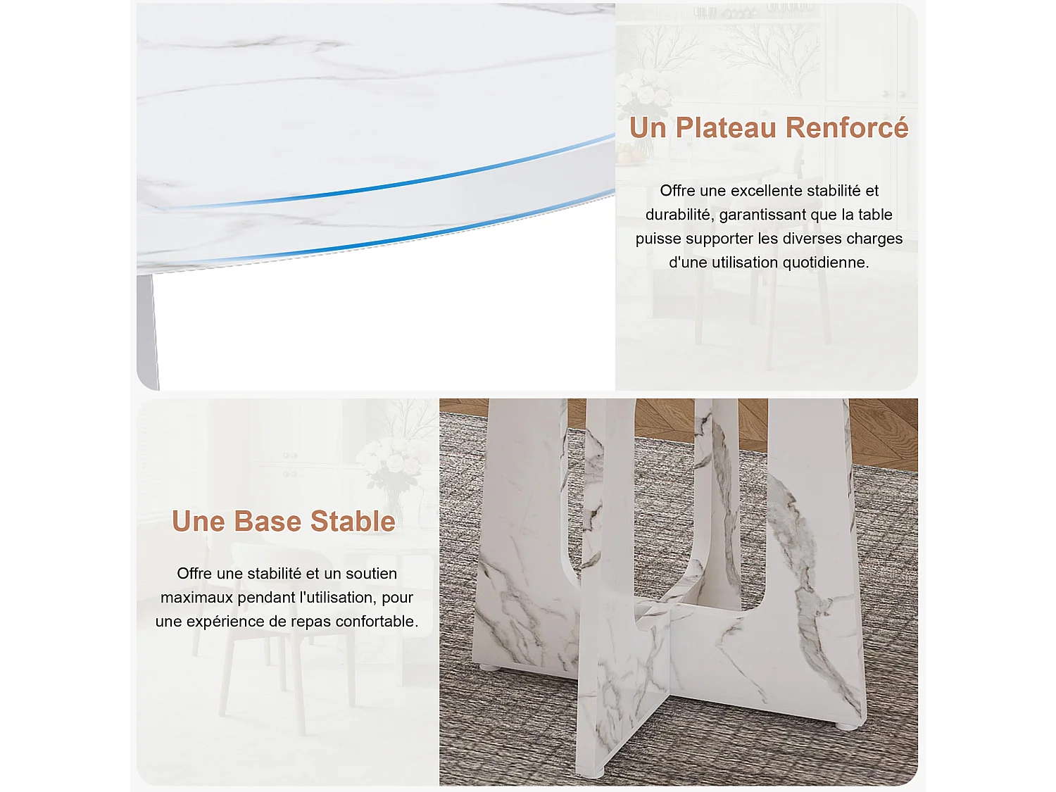 Conjunto de mesa redonda de 120 cm + 4 cadeiras - Tampo em MDF com efeito mármore - Branco e madeira