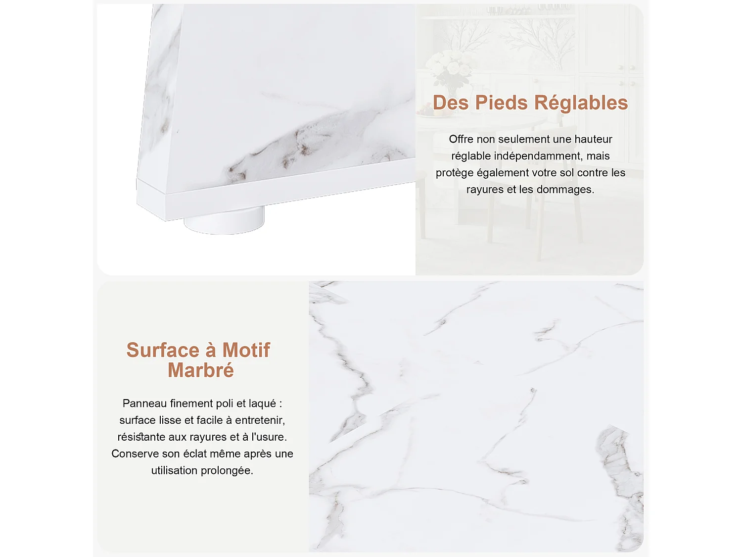 Conjunto de mesa redonda de 120 cm + 4 cadeiras - Tampo em MDF com efeito mármore - Branco e madeira
