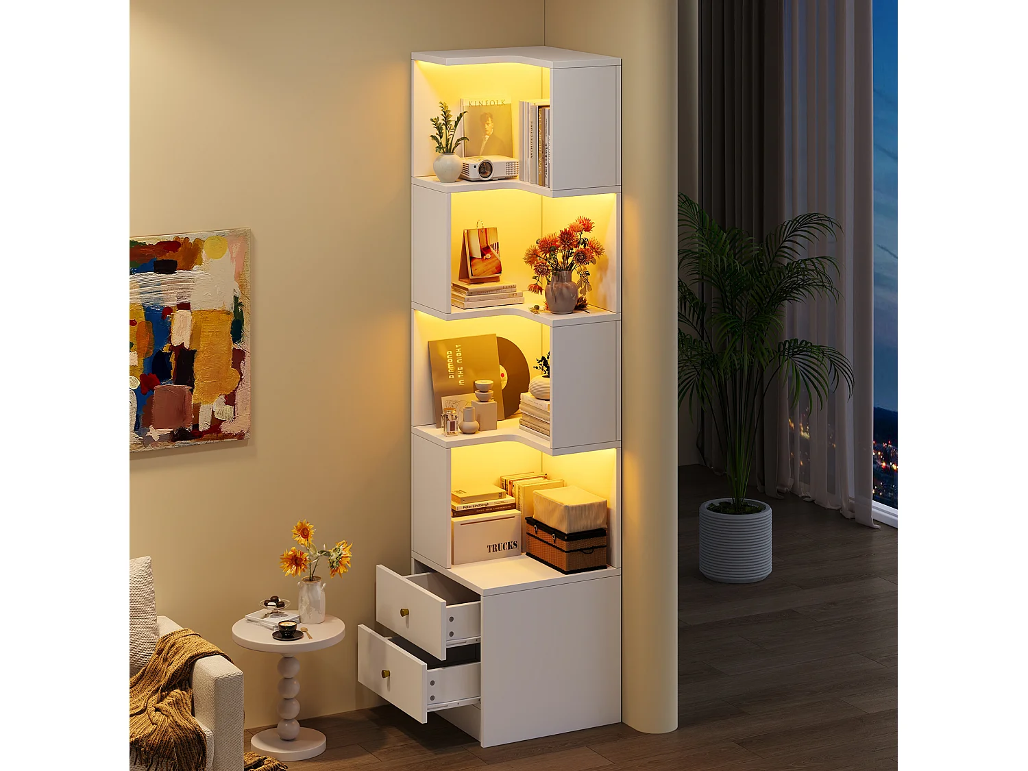 Hoekboekenkast, 45 x 43,5 x 180 cm, met ledverlichting en 2 lades - Wit
