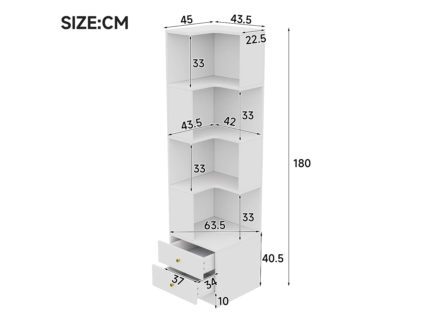 Hoekboekenkast, 45 x 43,5 x 180 cm, met ledverlichting en 2 lades - Wit