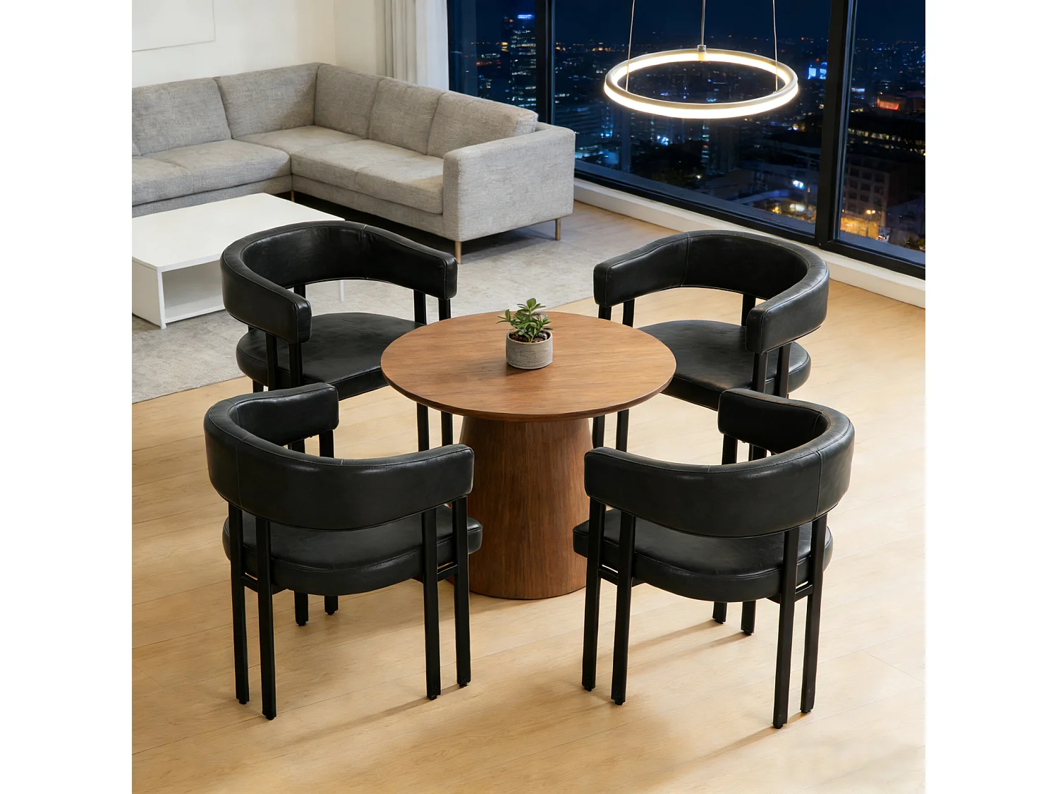 Fauteuil design noir en similicuir, dossier courbé, pieds métal, avec accoudoirs, bureau/salon