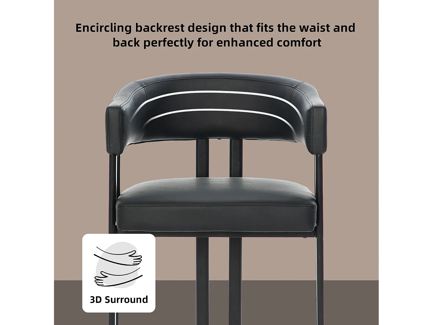 Fauteuil design noir en similicuir, dossier courbé, pieds métal, avec accoudoirs, bureau/salon