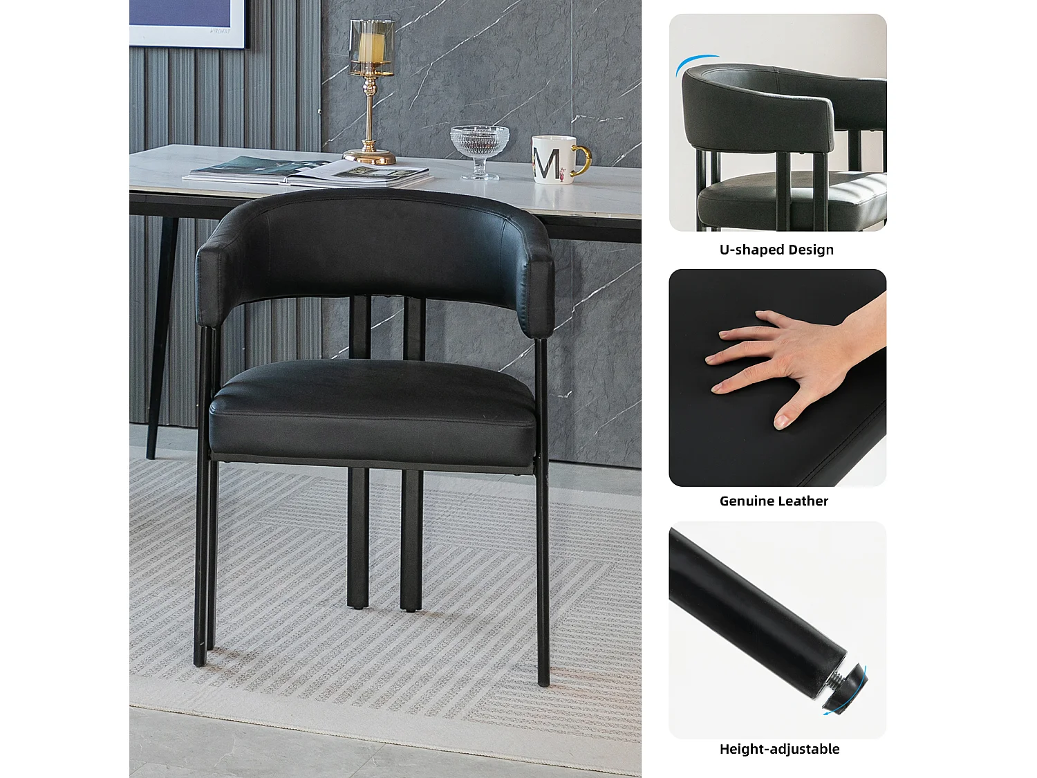 Fauteuil design noir en similicuir, dossier courbé, pieds métal, avec accoudoirs, bureau/salon