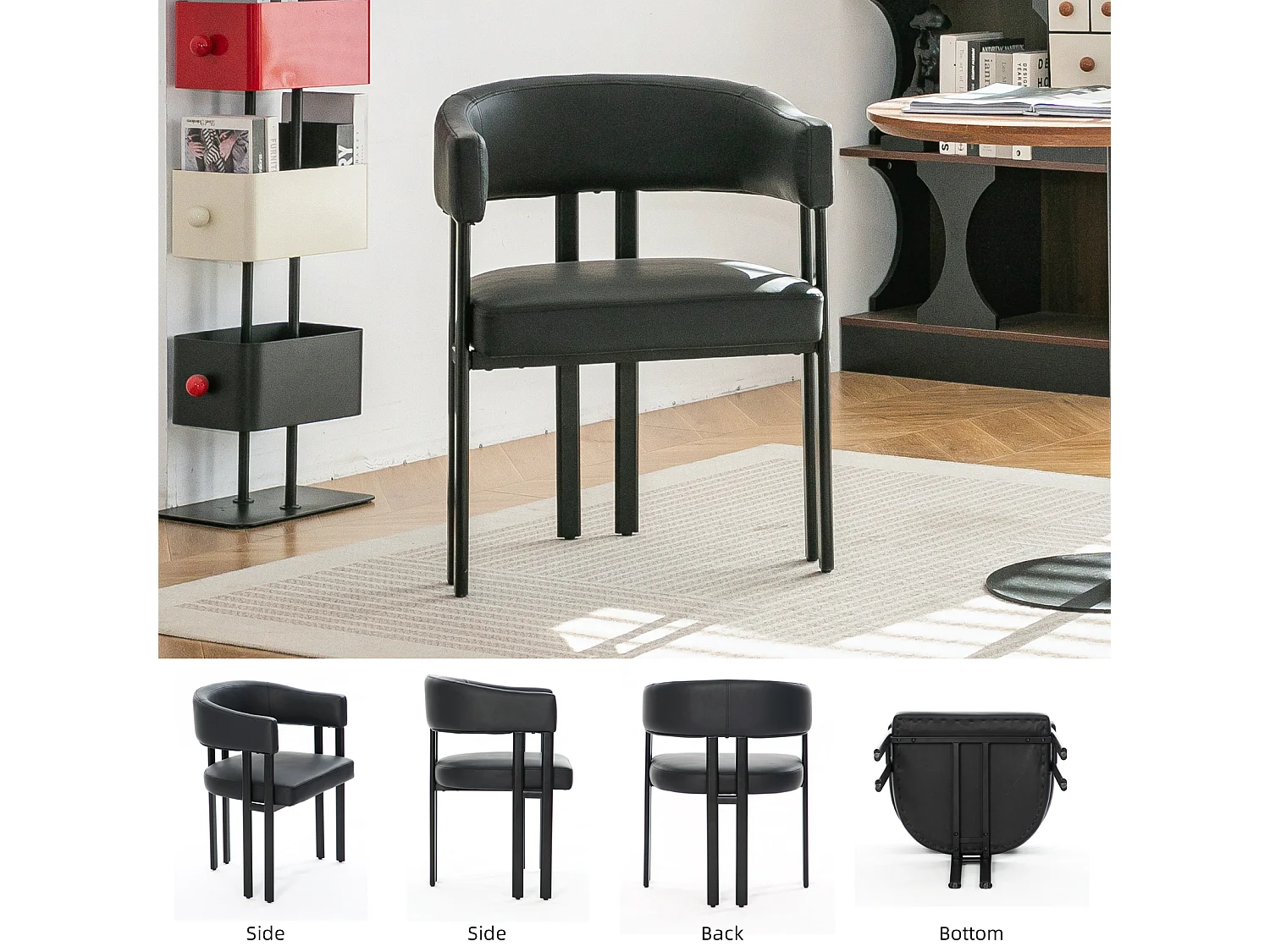 Fauteuil design noir en similicuir, dossier courbé, pieds métal, avec accoudoirs, bureau/salon
