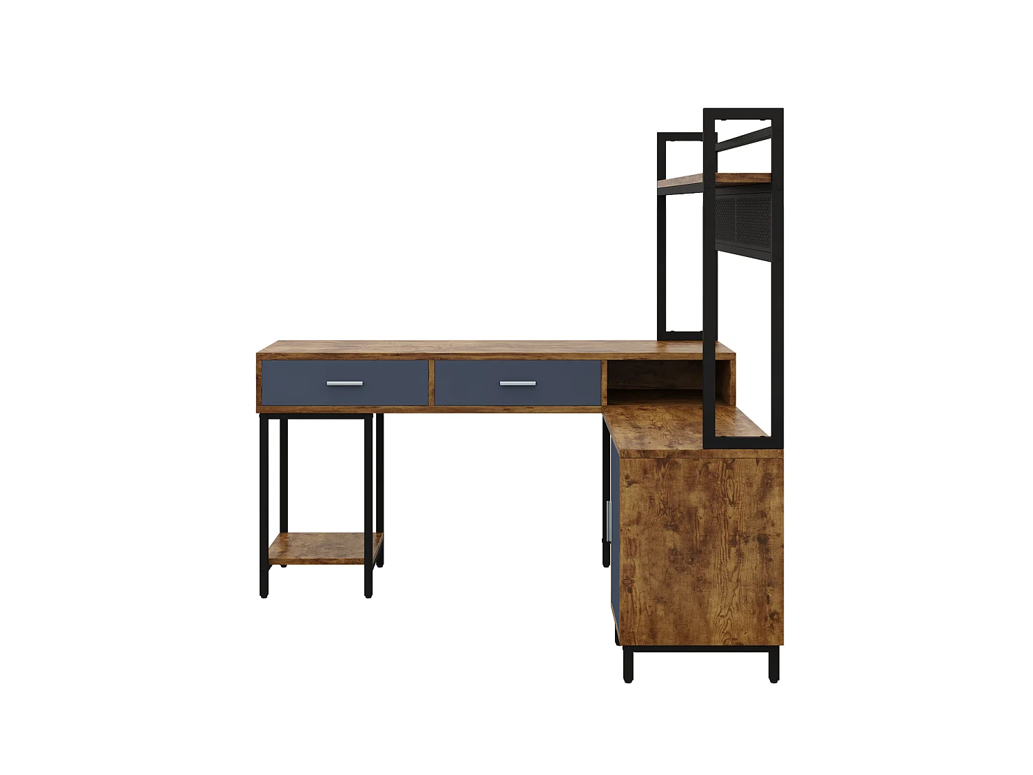Industrieel L-vormig hoekbureau van metaal en MDF met 2 lades en een deur – Zwart en hout