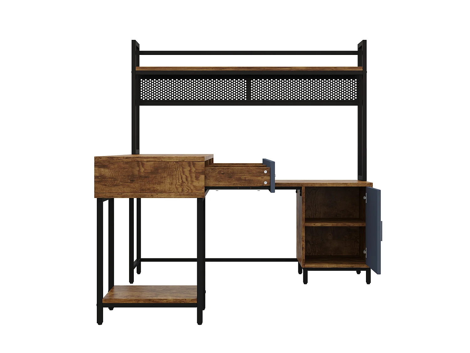 Industrieel L-vormig hoekbureau van metaal en MDF met 2 lades en een deur – Zwart en hout
